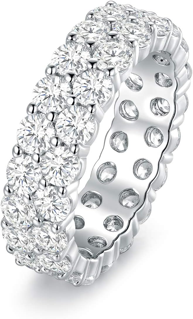 18K White Gold Plated Round-Cut Cubic Zirconia All-Around Band Ring Cocktail Jewelry for Women and Men