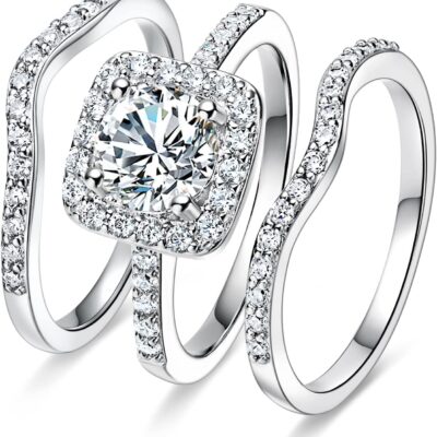 18K White Gold Plated Cubic Zirconia Three-in-One Halo Wedding Engagement Promise Eternity Ring for Women