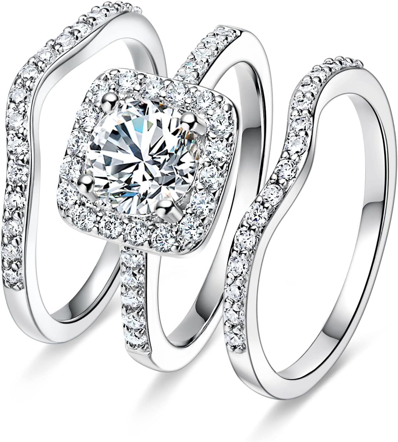 18K White Gold Plated Cubic Zirconia Three-in-One Halo Wedding Engagement Promise Eternity Ring for Women