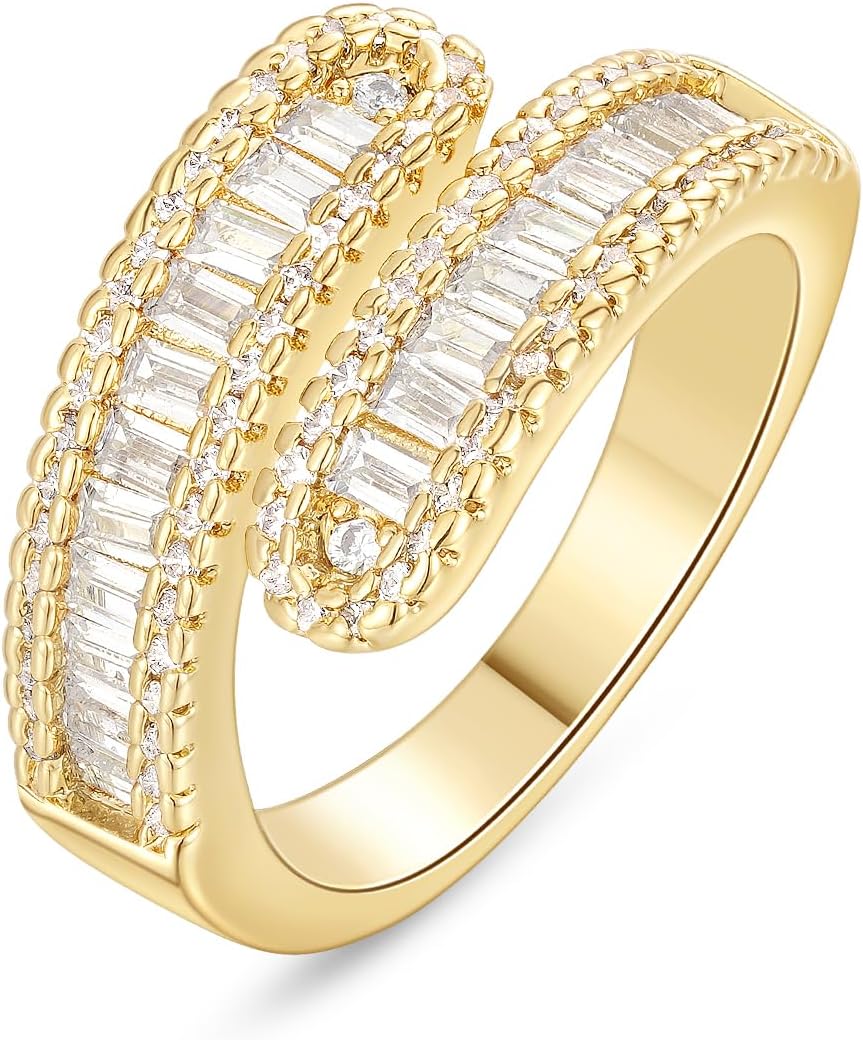 Gold Rings for Women, 14K Gold Plated Adjustable Statement Irregular Geometric Diamond Twisted Open Stackable Band Chunky Finger Rings Dainty Cubic Zirconia Jewelry Gifts