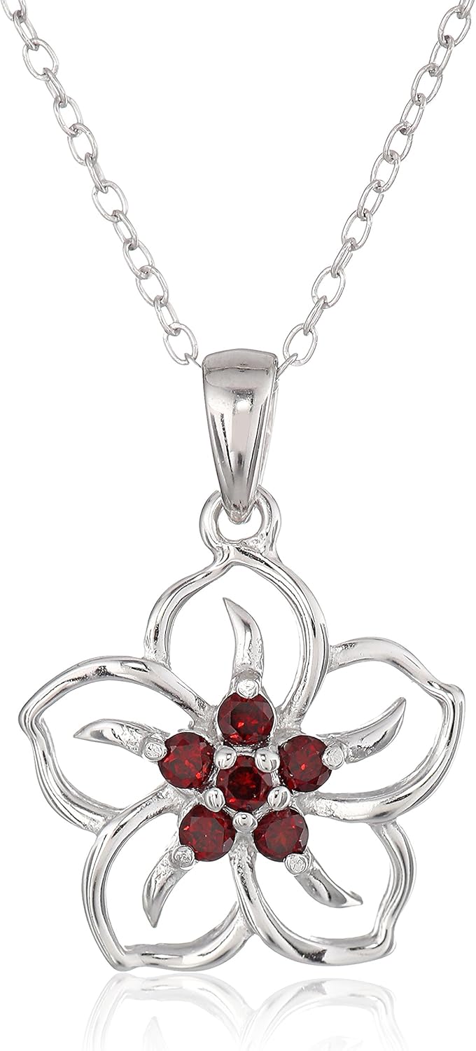 Genuine or Created Gemstone Birthstone Flower Pendant Necklace with Chain in Sterling Silver, 18"